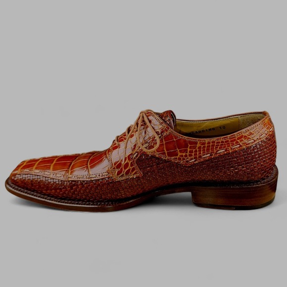 David Eden Leather Dress Shoes 10 Brown Cognac Embossed Croc Print Oxfords Spain - Picture 12 of 13